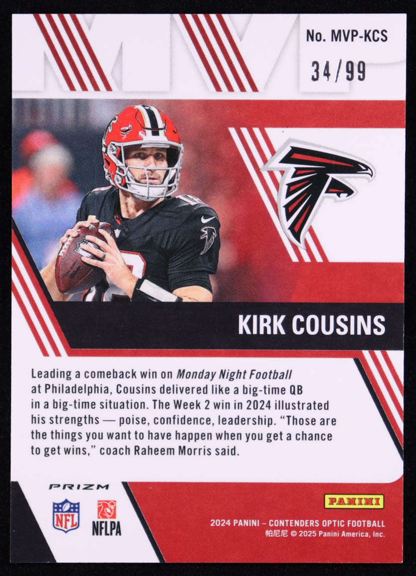 Kirk Cousins 2024 Panini Contenders Optic MVP Contenders Blue #24 #34/99 at PristineAuction.com Kirk Cousins 2024 Panini Contenders Optic MVP Contenders Blue #24 #34/99 at PristineAuction.com