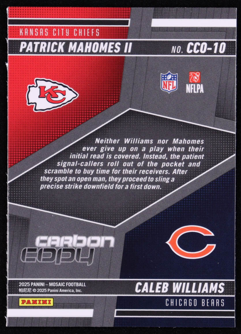 Caleb Williams / Patrick Mahomes II 2025 Panini Mosaic Carbon Copy #10 at PristineAuction.com Caleb Williams / Patrick Mahomes II 2025 Panini Mosaic Carbon Copy #10 at PristineAuction.com