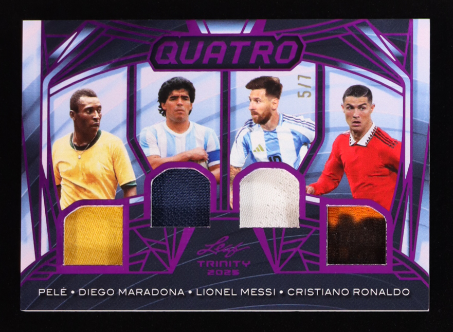 Pele / Diego Maradona / Lionel Messi / Cristiano Ronaldo 2025 Leaf Trinity Quatro Memorabilia Purple #Q8 #5/7 at PristineAuction.com Pele / Diego Maradona / Lionel Messi / Cristiano Ronaldo 2025 Leaf Trinity Quatro Memorabilia Purple #Q8 #5/7 at PristineAuction.com
