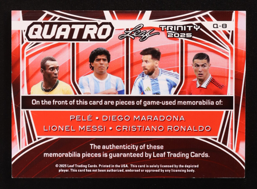 Pele / Diego Maradona / Lionel Messi / Cristiano Ronaldo 2025 Leaf Trinity Quatro Memorabilia Purple #Q8 #5/7 at PristineAuction.com Pele / Diego Maradona / Lionel Messi / Cristiano Ronaldo 2025 Leaf Trinity Quatro Memorabilia Purple #Q8 #5/7 at PristineAuction.com