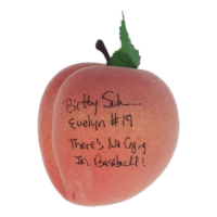 Bitty Schram Signed A League of Their Own Toy Prop Peach Inscribed "There's No Crying In Baseball" & Evelyn" (Beckett) at PristineAuction.com