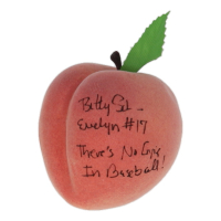 Bitty Schram Signed A League of Their Own Toy Prop Peach Inscribed "There's No Crying In Baseball" & Evelyn" (Beckett) at PristineAuction.com