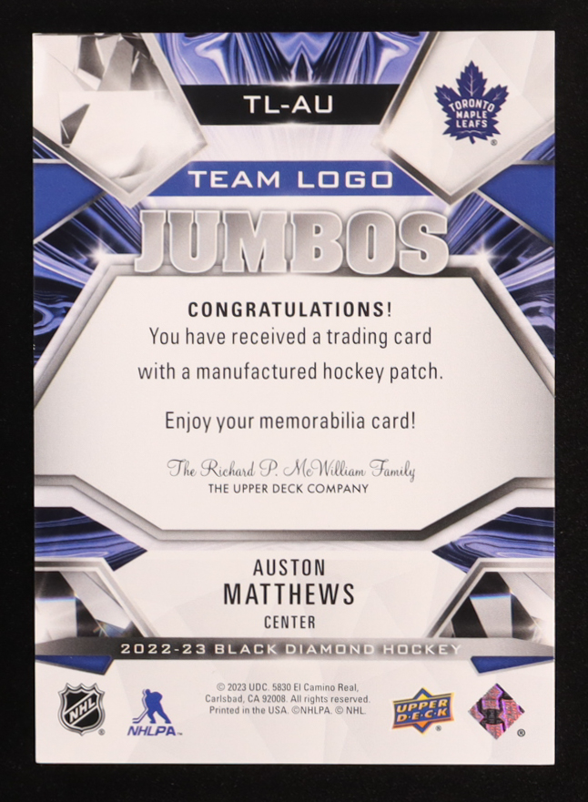 Auston Matthews 2022-23 Black Diamond Team Logo Jumbo Patches #TLAU at PristineAuction.com Auston Matthews 2022-23 Black Diamond Team Logo Jumbo Patches #TLAU at PristineAuction.com