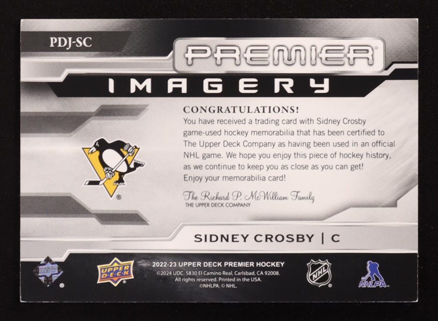 Sidney Crosby 2022-23 Upper Deck Premier Premier Dynamic Imagery Jerseys #PDJSC #216/300 at PristineAuction.com Sidney Crosby 2022-23 Upper Deck Premier Premier Dynamic Imagery Jerseys #PDJSC #216/300 at PristineAuction.com