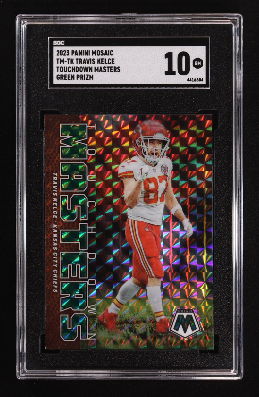 Travis Kelce 2023 Panini Mosaic Touchdown Masters Mosaic Green #16 (SGC 10) at PristineAuction.com Travis Kelce 2023 Panini Mosaic Touchdown Masters Mosaic Green #16 (SGC 10) at PristineAuction.com