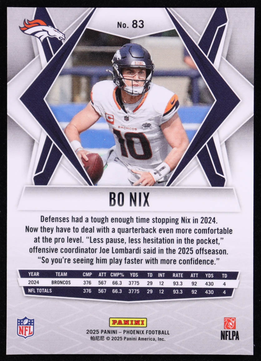 Bo Nix 2025 Panini Phoenix Silver #83 at PristineAuction.com Bo Nix 2025 Panini Phoenix Silver #83 at PristineAuction.com