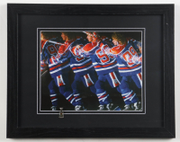 "Wayne Gretzky Slap Shot" Custom Framed Photo Display with Mini Replica Oilers Stanley Cup Trophy at PristineAuction.com