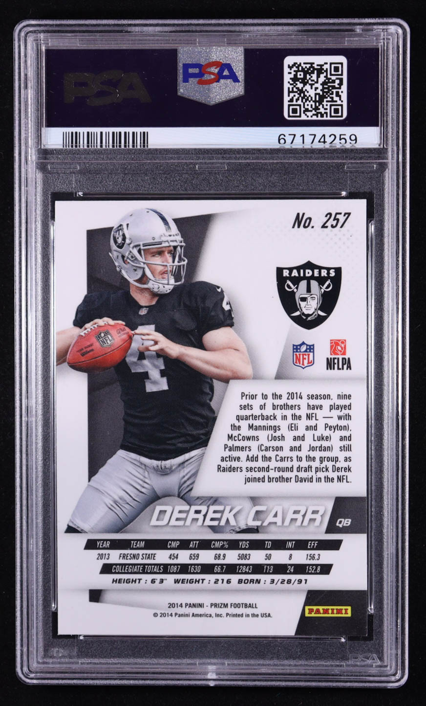 Derek Carr Signed 2014 Panini Prizm #257A RC (PSA Encapsulated) at PristineAuction.com Derek Carr Signed 2014 Panini Prizm #257A RC (PSA Encapsulated) at PristineAuction.com