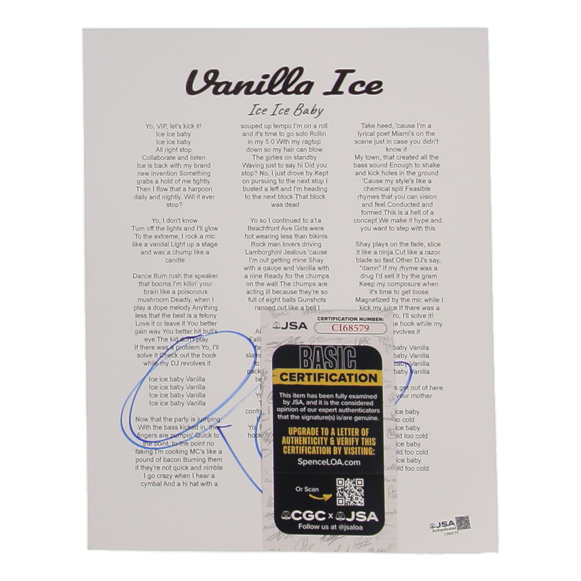 Vanilla Ice Signed "Ice Ice Baby" Lyric Sheet (JSA) at PristineAuction.com Vanilla Ice Signed "Ice Ice Baby" Lyric Sheet (JSA) at PristineAuction.com