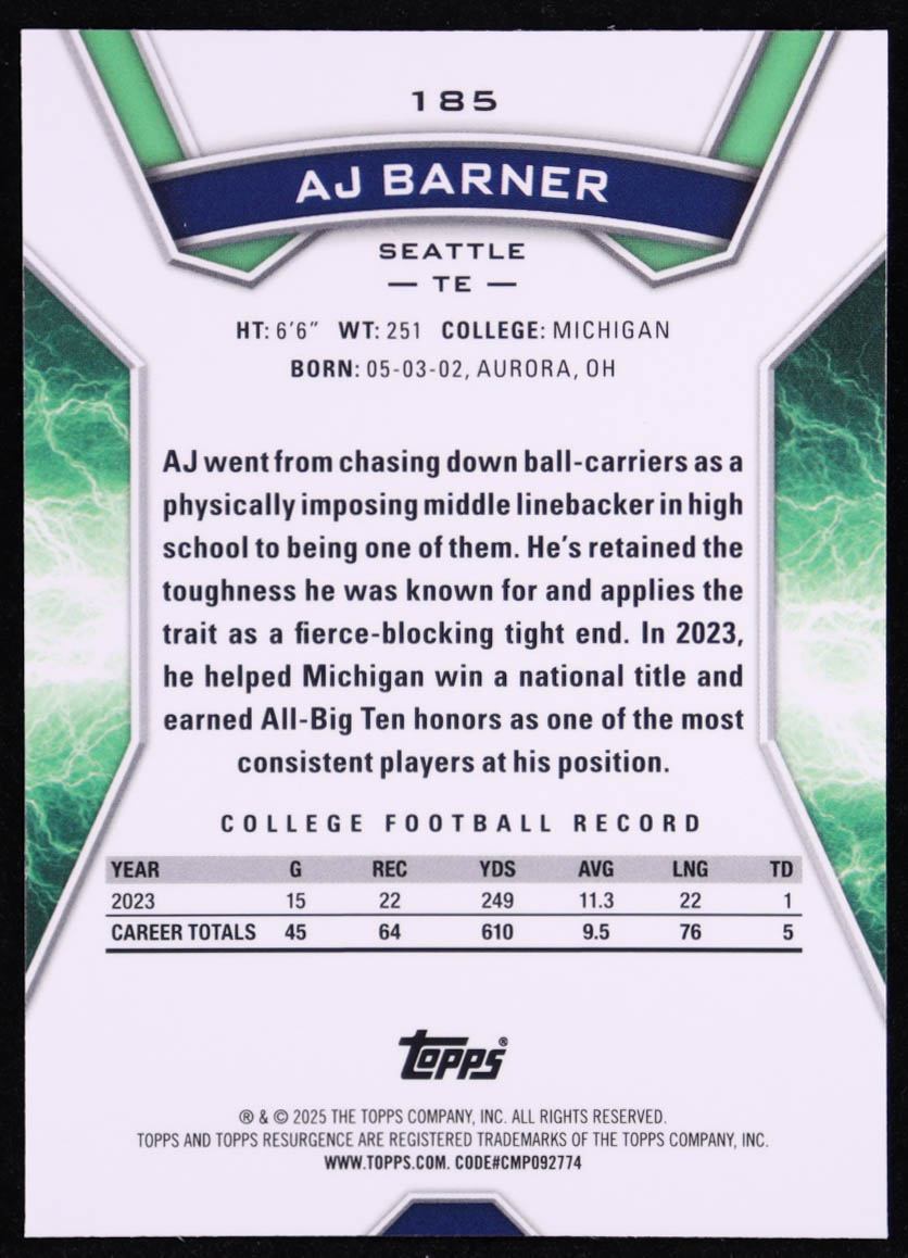 AJ Barner 2024 Topps Resurgence Teal Surge #185 #114/149 RC at PristineAuction.com AJ Barner 2024 Topps Resurgence Teal Surge #185 #114/149 RC at PristineAuction.com