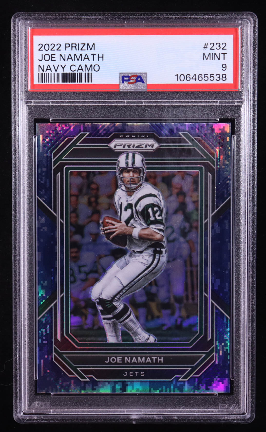 Joe Namath 2022 Panini Prizm Prizms Navy Camo #232 #21/25 (PSA 9) at PristineAuction.com Joe Namath 2022 Panini Prizm Prizms Navy Camo #232 #21/25 (PSA 9) at PristineAuction.com