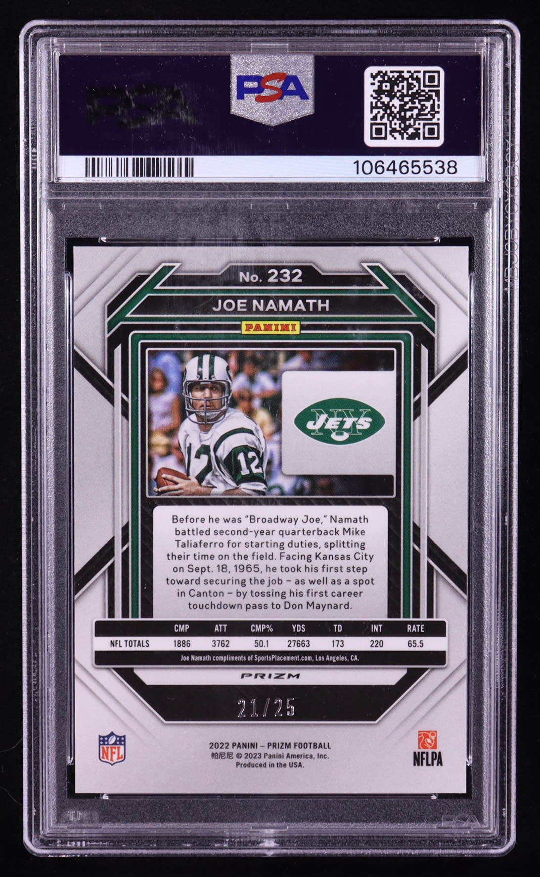 Joe Namath 2022 Panini Prizm Prizms Navy Camo #232 #21/25 (PSA 9) at PristineAuction.com Joe Namath 2022 Panini Prizm Prizms Navy Camo #232 #21/25 (PSA 9) at PristineAuction.com