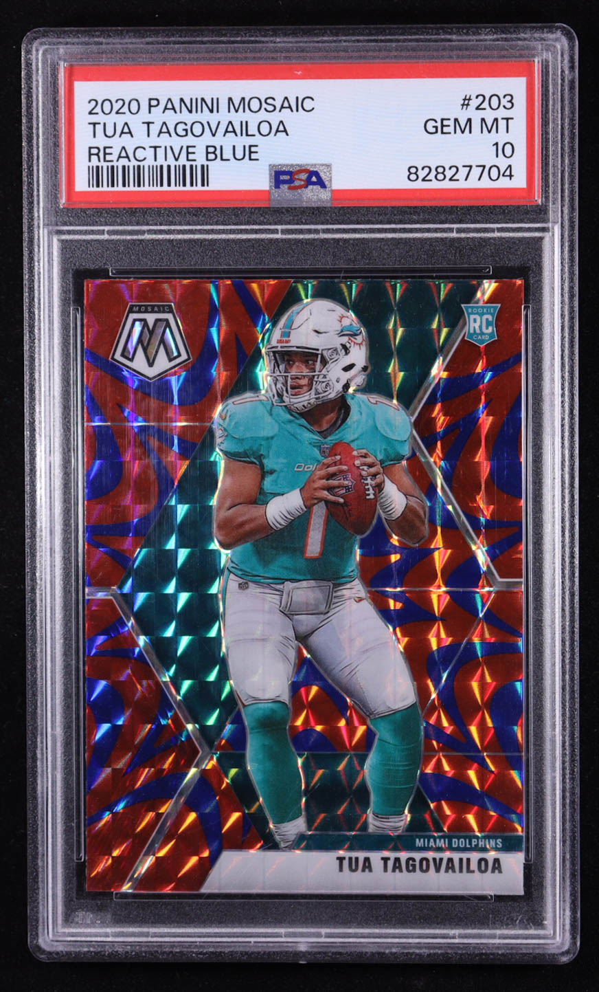 Tua Tagovailoa 2020 Panini Mosaic Mosaic Reactive Blue #203 RC (PSA 10) at PristineAuction.com Tua Tagovailoa 2020 Panini Mosaic Mosaic Reactive Blue #203 RC (PSA 10) at PristineAuction.com