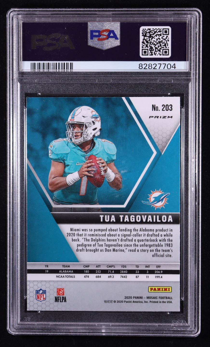 Tua Tagovailoa 2020 Panini Mosaic Mosaic Reactive Blue #203 RC (PSA 10) at PristineAuction.com Tua Tagovailoa 2020 Panini Mosaic Mosaic Reactive Blue #203 RC (PSA 10) at PristineAuction.com