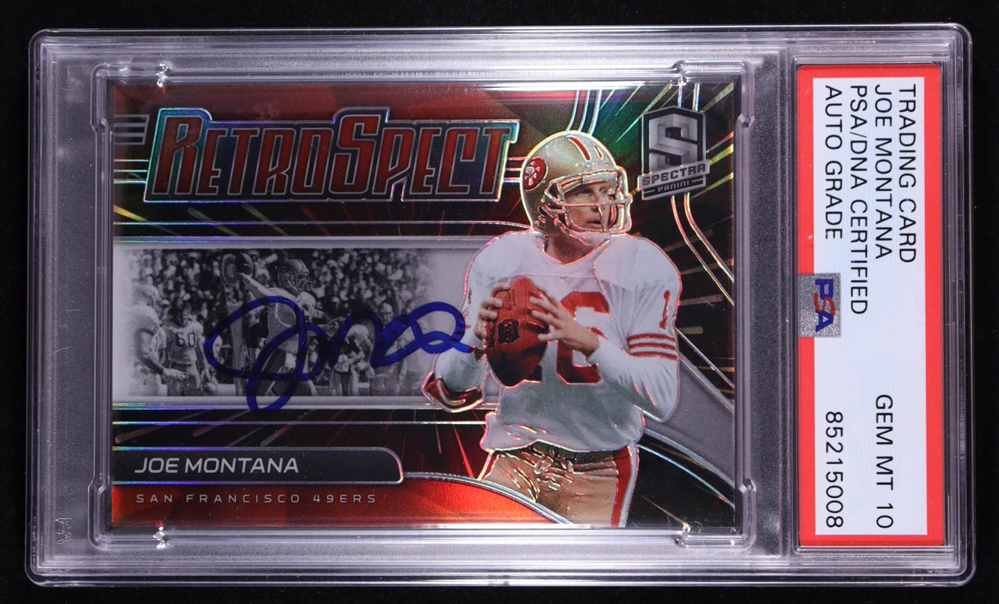 Joe Montana Signed 2021 Panini Spectra RetroSpect Hyper #1 #51/75 (PSA Encapsulated) at PristineAuction.com Joe Montana Signed 2021 Panini Spectra RetroSpect Hyper #1 #51/75 (PSA Encapsulated) at PristineAuction.com