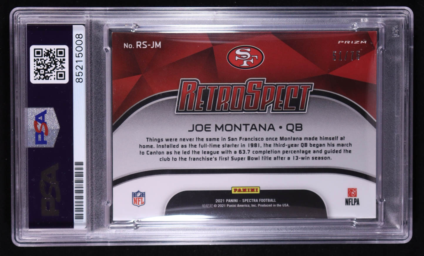 Joe Montana Signed 2021 Panini Spectra RetroSpect Hyper #1 #51/75 (PSA Encapsulated) at PristineAuction.com Joe Montana Signed 2021 Panini Spectra RetroSpect Hyper #1 #51/75 (PSA Encapsulated) at PristineAuction.com