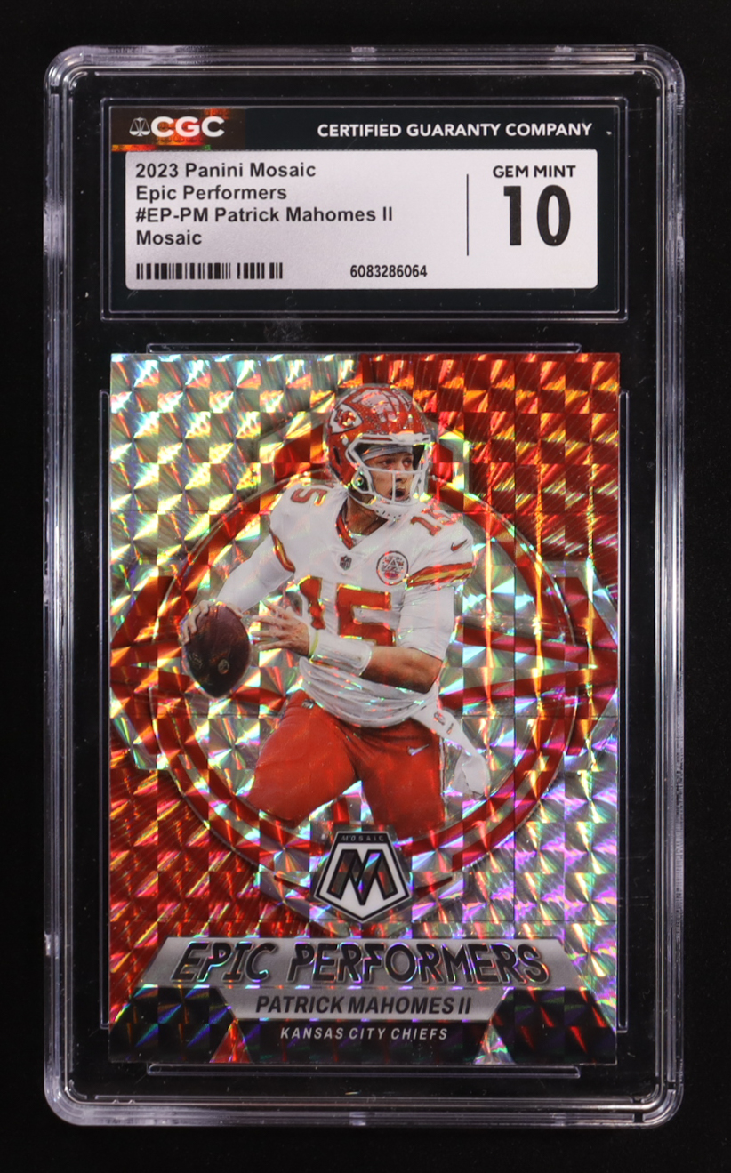 Patrick Mahomes II 2023 Panini Mosaic Epic Performers Mosaic #1 (CGC 10) at PristineAuction.com Patrick Mahomes II 2023 Panini Mosaic Epic Performers Mosaic #1 (CGC 10) at PristineAuction.com
