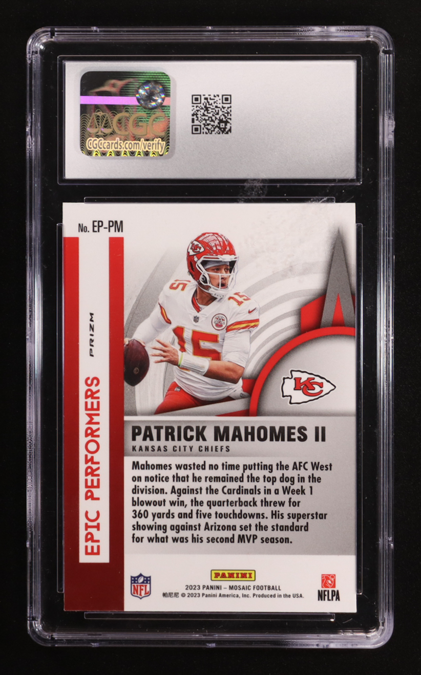 Patrick Mahomes II 2023 Panini Mosaic Epic Performers Mosaic #1 (CGC 10) at PristineAuction.com Patrick Mahomes II 2023 Panini Mosaic Epic Performers Mosaic #1 (CGC 10) at PristineAuction.com