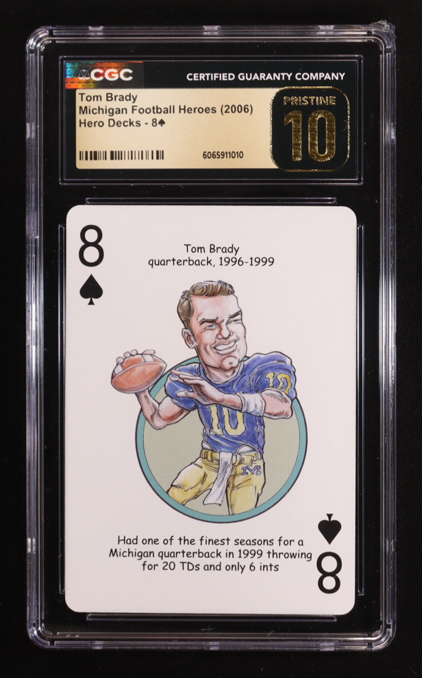 Tom Brady 2006 Hero Decks Michigan Football Heroes Playing Card (CGC 10 | Pristine Black Label) at PristineAuction.com Tom Brady 2006 Hero Decks Michigan Football Heroes Playing Card (CGC 10 | Pristine Black Label) at PristineAuction.com