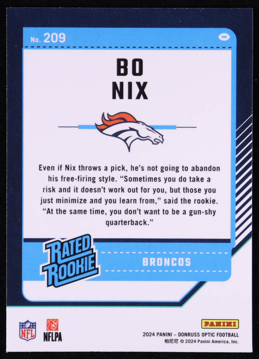 Bo Nix 2024 Donruss Optic RR #209 RC at PristineAuction.com Bo Nix 2024 Donruss Optic RR #209 RC at PristineAuction.com