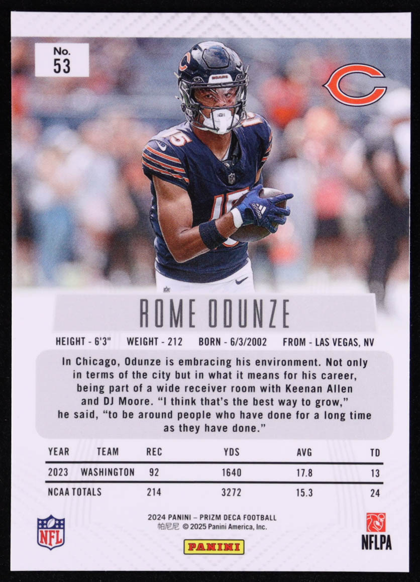 Rome Odunze 2024 Panini Prizm Deca #53 RC at PristineAuction.com Rome Odunze 2024 Panini Prizm Deca #53 RC at PristineAuction.com