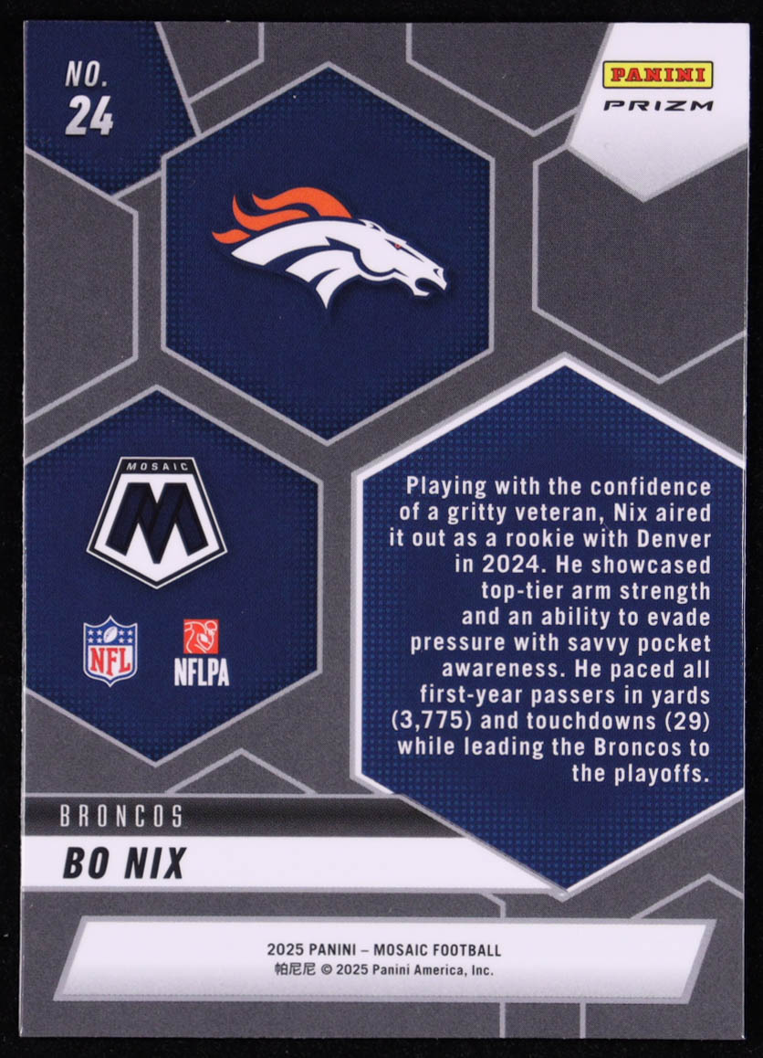 Bo Nix 2025 Panini Mosaic Montage Silver #24 at PristineAuction.com Bo Nix 2025 Panini Mosaic Montage Silver #24 at PristineAuction.com