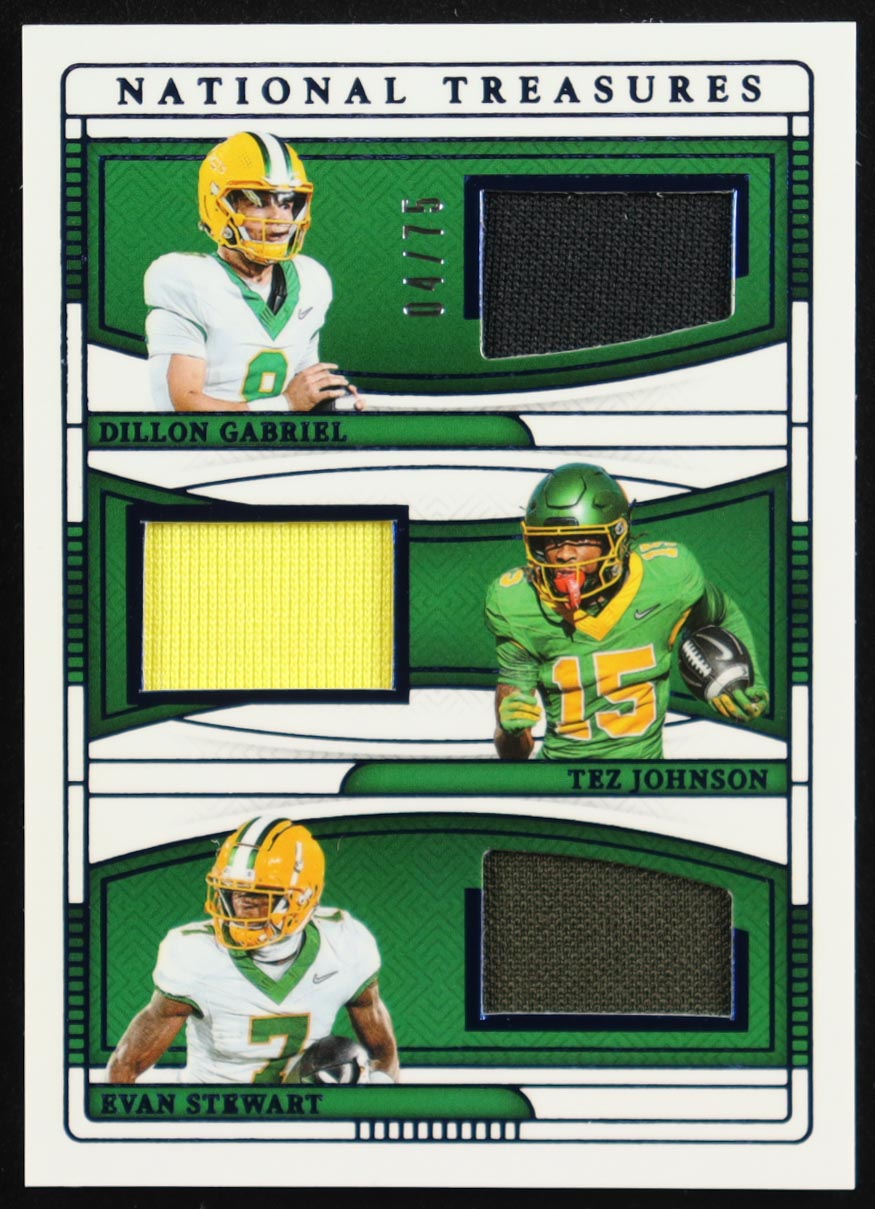 Tez Johnson / Dillon Gabriel / Evan Stewart 2025 Panini National Treasures Collegiate Team Trio Materials Blue #10 #4/75 RC at PristineAuction.com Tez Johnson / Dillon Gabriel / Evan Stewart 2025 Panini National Treasures Collegiate Team Trio Materials Blue #10 #4/75 RC at PristineAuction.com