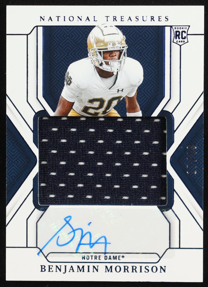 Benjamin Morrison 2025 Panini National Treasures Collegiate Century Blue #96 #17/49 JSY AU RC at PristineAuction.com Benjamin Morrison 2025 Panini National Treasures Collegiate Century Blue #96 #17/49 JSY AU RC at PristineAuction.com