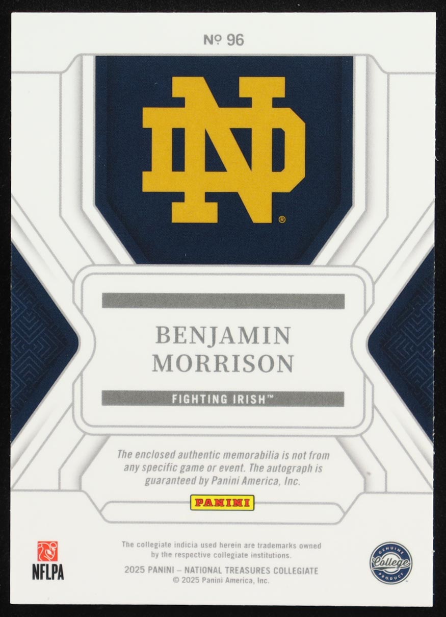 Benjamin Morrison 2025 Panini National Treasures Collegiate Century Blue #96 #17/49 JSY AU RC at PristineAuction.com Benjamin Morrison 2025 Panini National Treasures Collegiate Century Blue #96 #17/49 JSY AU RC at PristineAuction.com