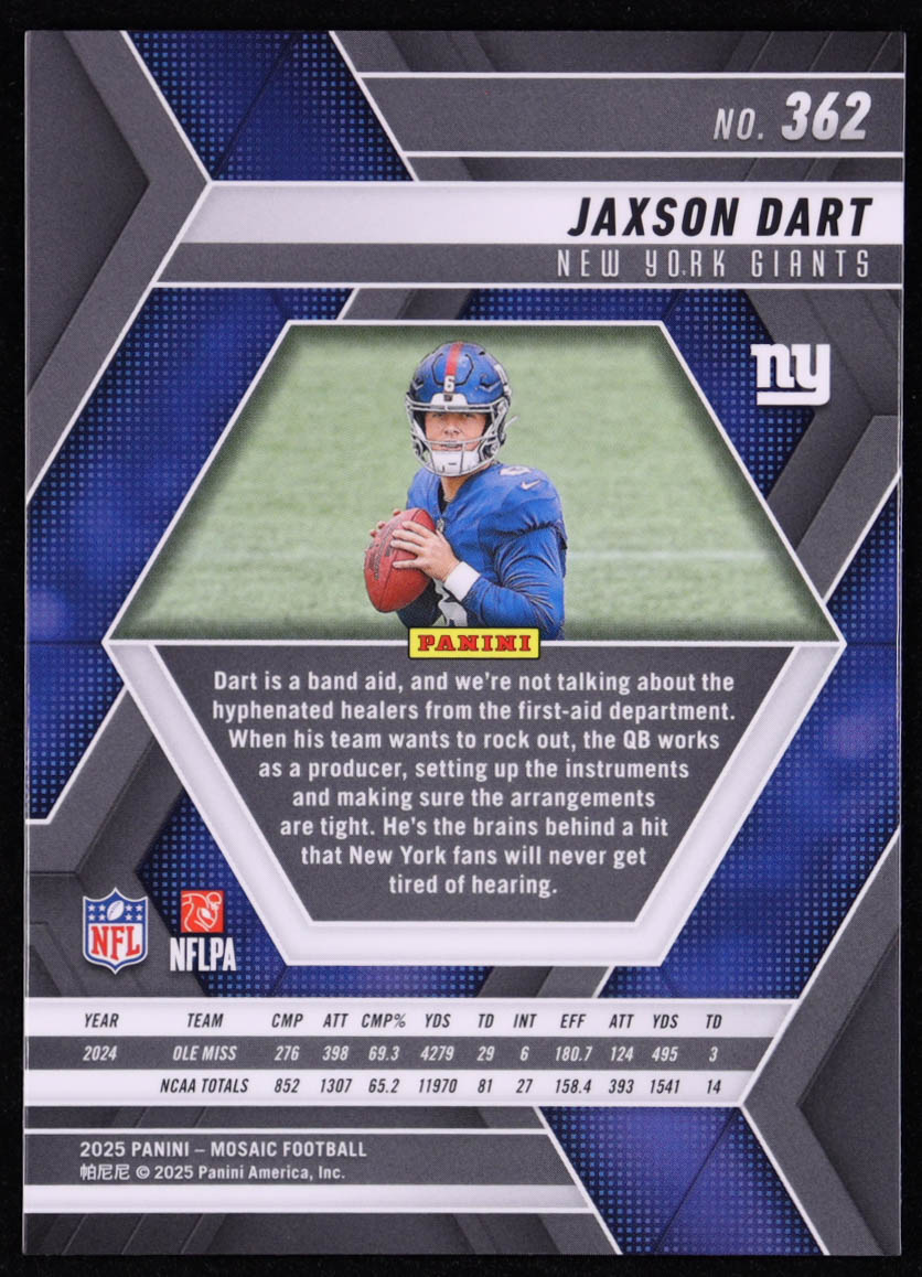 Jaxson Dart 2025 Panini Mosaic #362 RC at PristineAuction.com Jaxson Dart 2025 Panini Mosaic #362 RC at PristineAuction.com