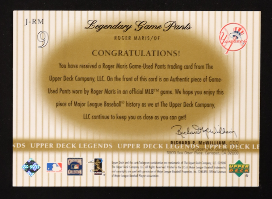 Roger Maris 2000 Upper Deck Legends Legendary Game Jerseys #JRM Pants at PristineAuction.com Roger Maris 2000 Upper Deck Legends Legendary Game Jerseys #JRM Pants at PristineAuction.com