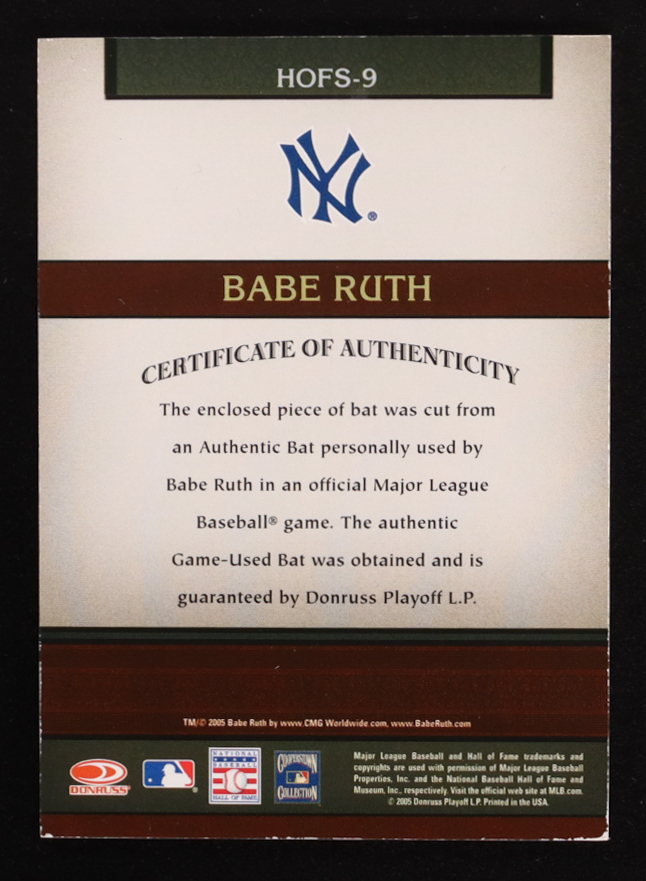 Babe Ruth 2005 Donruss Greats Hall of Fame Souvenirs Material Bat #9 T4 at PristineAuction.com Babe Ruth 2005 Donruss Greats Hall of Fame Souvenirs Material Bat #9 T4 at PristineAuction.com