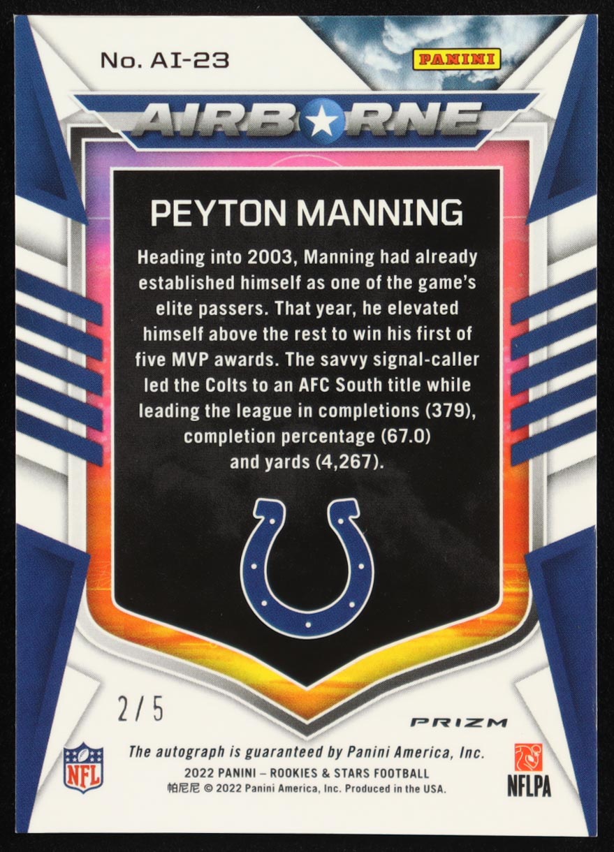 Peyton Manning 2022 Rookies and Stars Airborne Signatures #23 #2/5 at PristineAuction.com Peyton Manning 2022 Rookies and Stars Airborne Signatures #23 #2/5 at PristineAuction.com