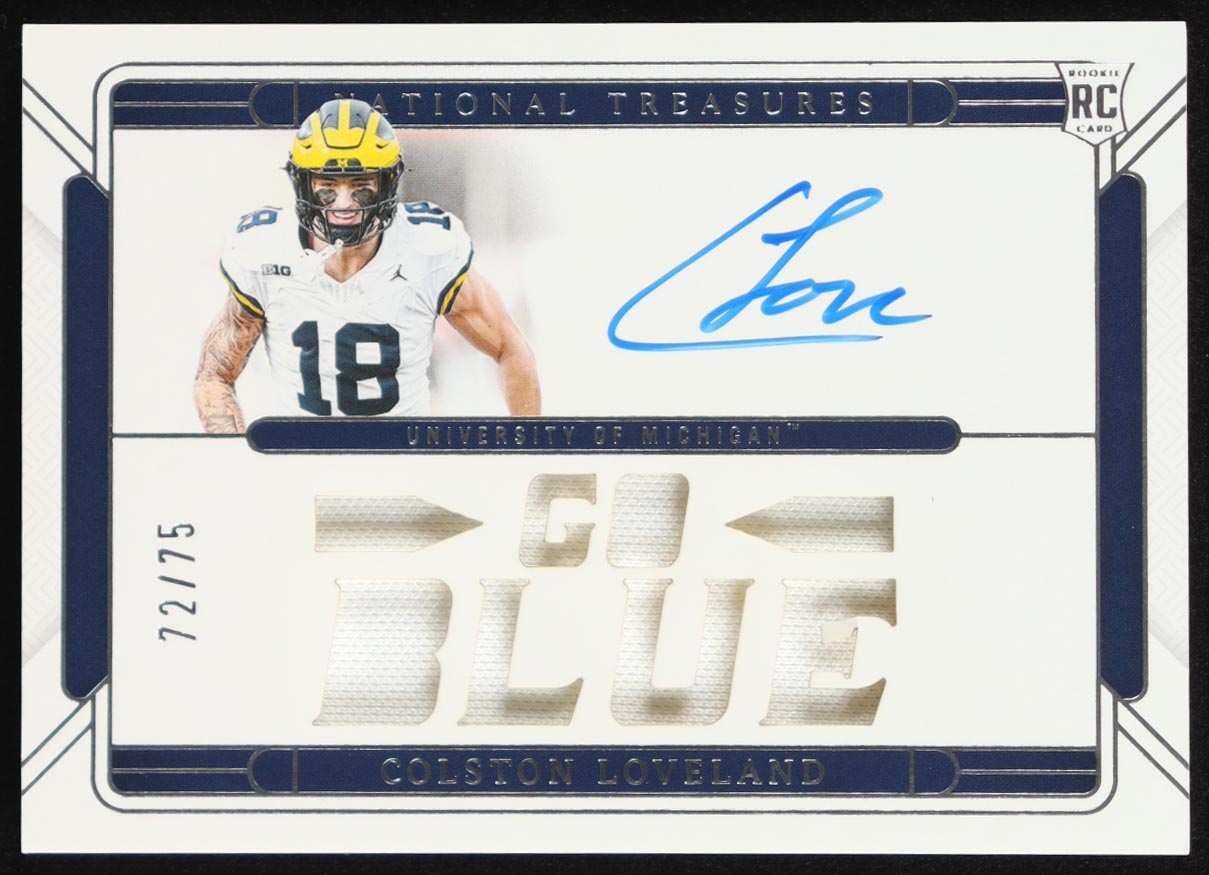 Colston Loveland 2025 Panini National Treasures Collegiate Team Slogan Signatures Die Cuts #19 #72/75 RC at PristineAuction.com Colston Loveland 2025 Panini National Treasures Collegiate Team Slogan Signatures Die Cuts #19 #72/75 RC at PristineAuction.com