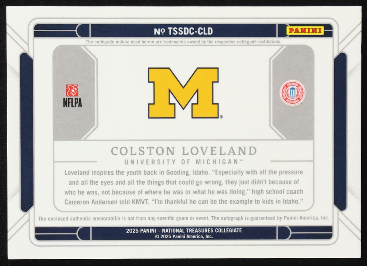 Colston Loveland 2025 Panini National Treasures Collegiate Team Slogan Signatures Die Cuts #19 #72/75 RC at PristineAuction.com Colston Loveland 2025 Panini National Treasures Collegiate Team Slogan Signatures Die Cuts #19 #72/75 RC at PristineAuction.com