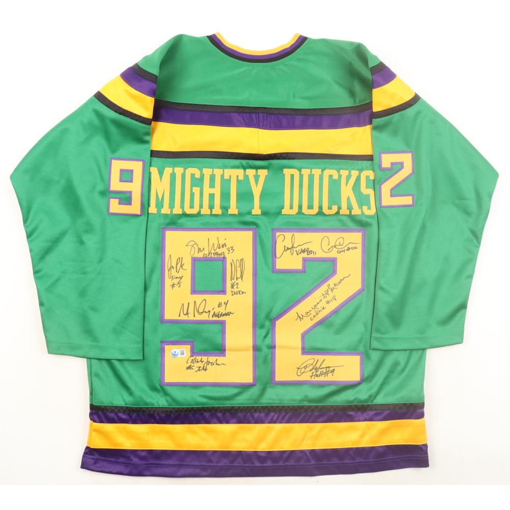 "The Mighty Ducks" Cast-Signed Jersey by (9) with Shaun Weiss, Aaron Schwartz, Jane Plank With Character Name Inscriptions (Beckett) at PristineAuction.com