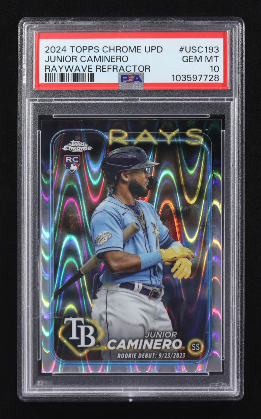 Junior Caminero 2024 Topps Chrome Update RayWave Refractors #USC193 RC (PSA 10) at PristineAuction.com Junior Caminero 2024 Topps Chrome Update RayWave Refractors #USC193 RC (PSA 10) at PristineAuction.com