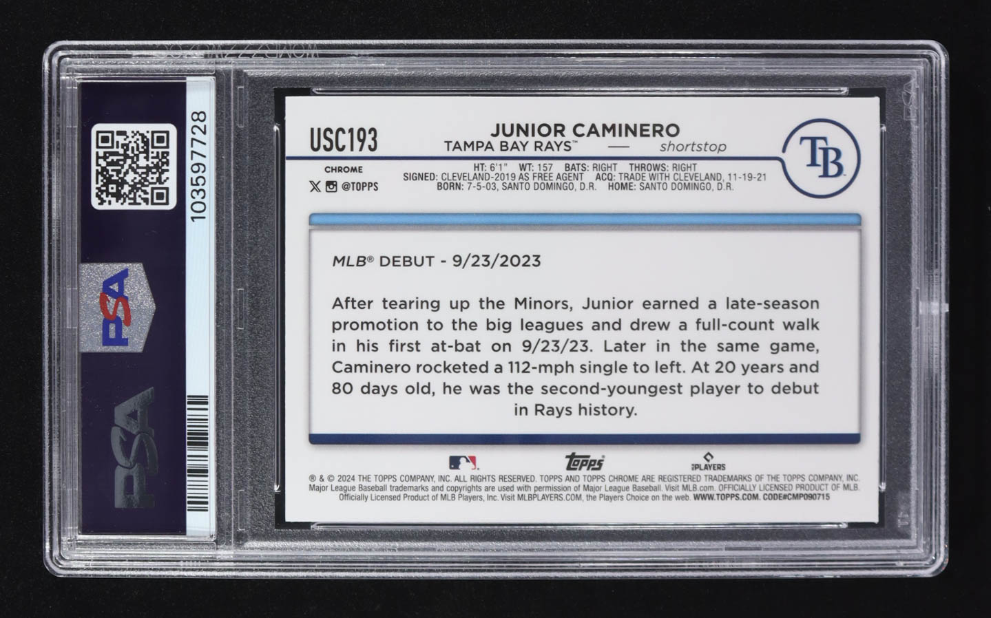 Junior Caminero 2024 Topps Chrome Update RayWave Refractors #USC193 RC (PSA 10) at PristineAuction.com Junior Caminero 2024 Topps Chrome Update RayWave Refractors #USC193 RC (PSA 10) at PristineAuction.com