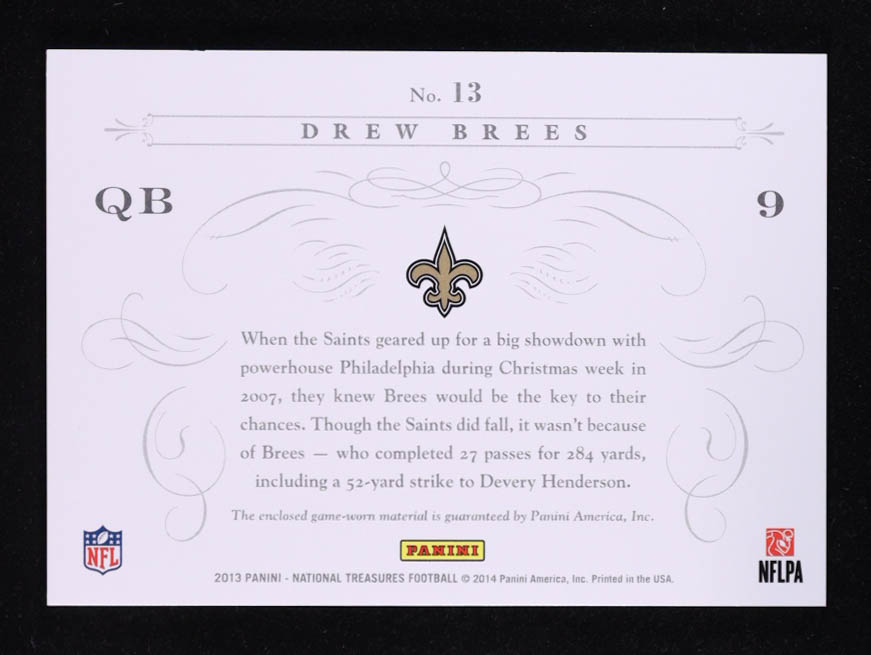 Drew Brees 2013 Panini National Treasures Timeline Materials Custom Team Name #13 #12/25 at PristineAuction.com Drew Brees 2013 Panini National Treasures Timeline Materials Custom Team Name #13 #12/25 at PristineAuction.com