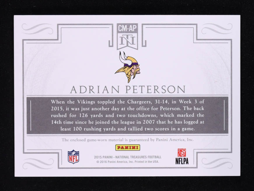 Adrian Peterson 2015 Panini National Treasures Colossal Materials #CMAP #25/25 at PristineAuction.com Adrian Peterson 2015 Panini National Treasures Colossal Materials #CMAP #25/25 at PristineAuction.com