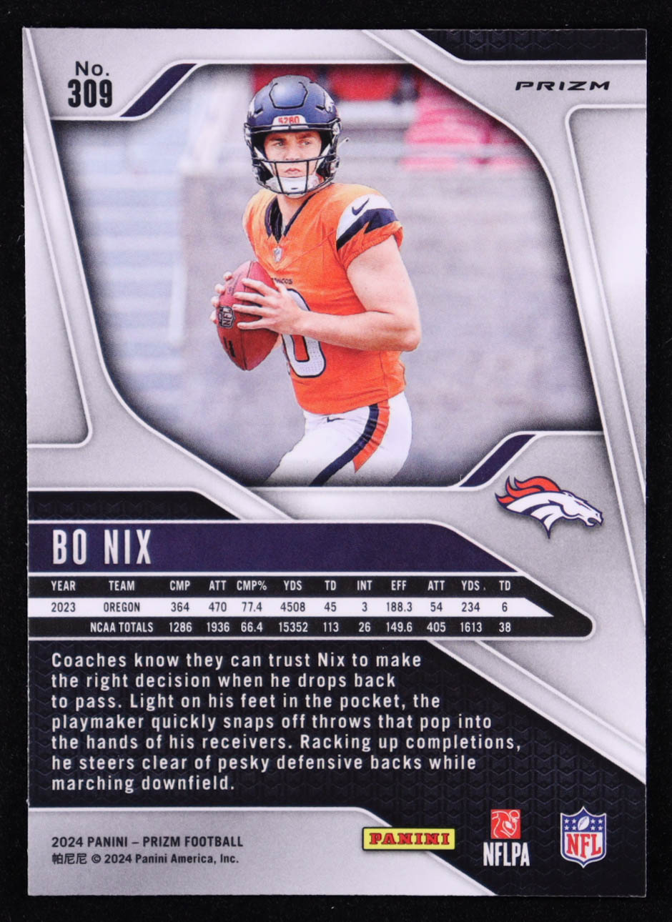 Bo Nix 2024 Panini Prizm Prizms Lazer #309 RC at PristineAuction.com Bo Nix 2024 Panini Prizm Prizms Lazer #309 RC at PristineAuction.com