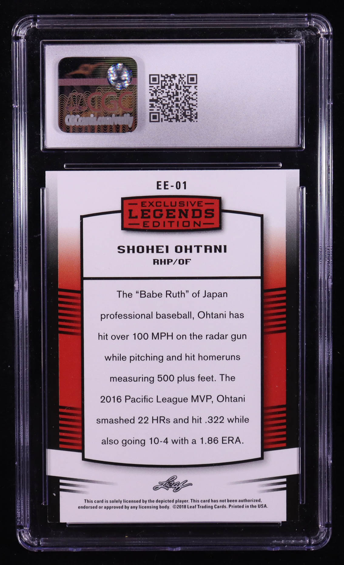 Shohei Ohtani 2018 Leaf Ohtani Legends Exclusive Edition #EE01 RC (CGC 10) at PristineAuction.com Shohei Ohtani 2018 Leaf Ohtani Legends Exclusive Edition #EE01 RC (CGC 10) at PristineAuction.com