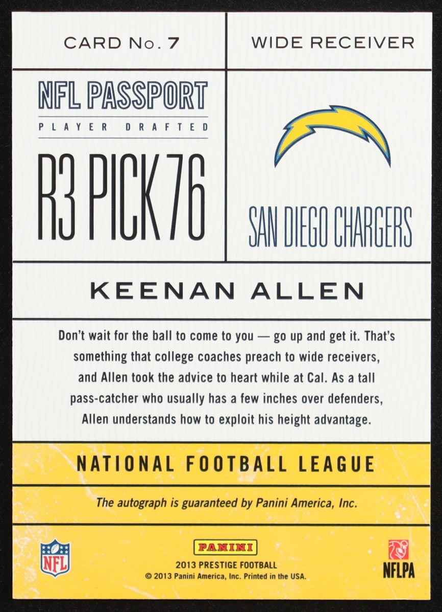 Keenan Allen 2013 Prestige NFL Passport Autographs #7 RC at PristineAuction.com Keenan Allen 2013 Prestige NFL Passport Autographs #7 RC at PristineAuction.com