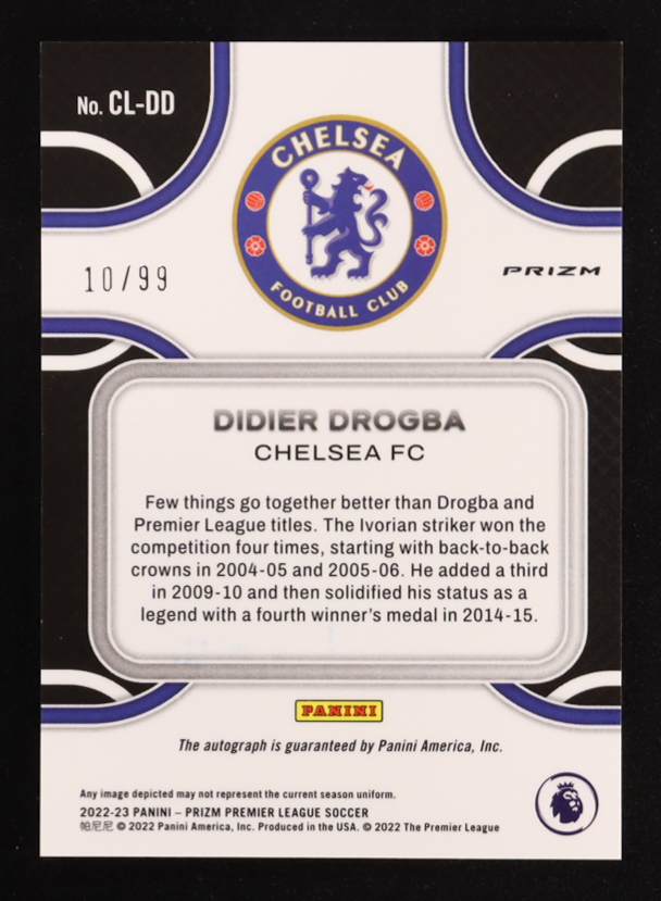 Didier Drogba 2022-23 Panini Prizm English Premier League Club Legends Signatures Prizms Silver #3 #10/99 at PristineAuction.com Didier Drogba 2022-23 Panini Prizm English Premier League Club Legends Signatures Prizms Silver #3 #10/99 at PristineAuction.com