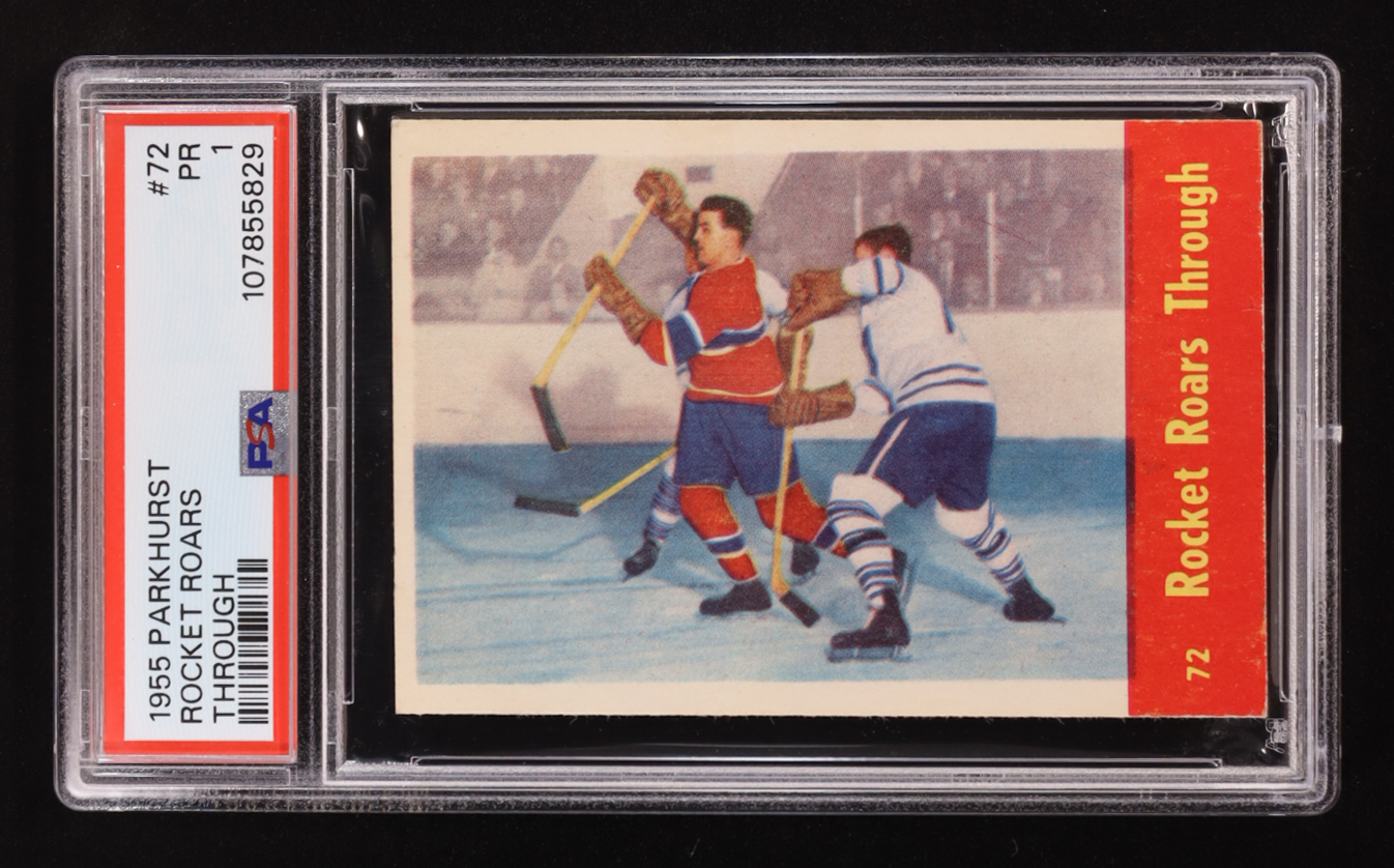 Maurice Richard 1955-56 Parkhurst Rocket Roars Through #72 (PSA 1) at PristineAuction.com Maurice Richard 1955-56 Parkhurst Rocket Roars Through #72 (PSA 1) at PristineAuction.com