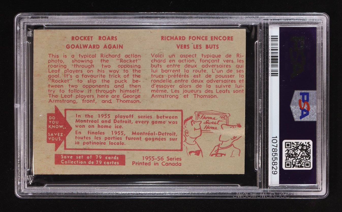 Maurice Richard 1955-56 Parkhurst Rocket Roars Through #72 (PSA 1) at PristineAuction.com Maurice Richard 1955-56 Parkhurst Rocket Roars Through #72 (PSA 1) at PristineAuction.com