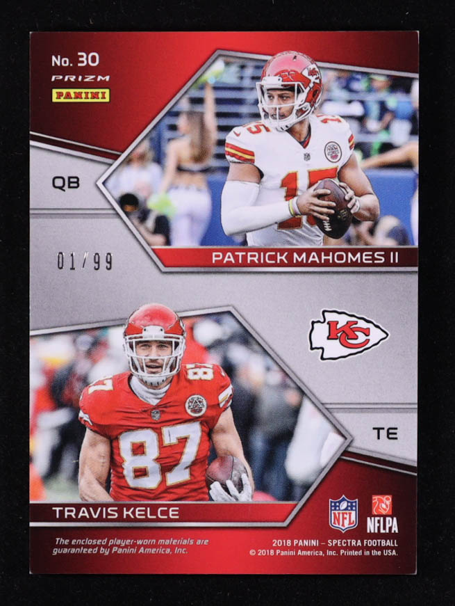 Travis Kelce / Patrick Mahomes II 2018 Panini Spectra Synced Swatches #30 #01/99 at PristineAuction.com Travis Kelce / Patrick Mahomes II 2018 Panini Spectra Synced Swatches #30 #01/99 at PristineAuction.com