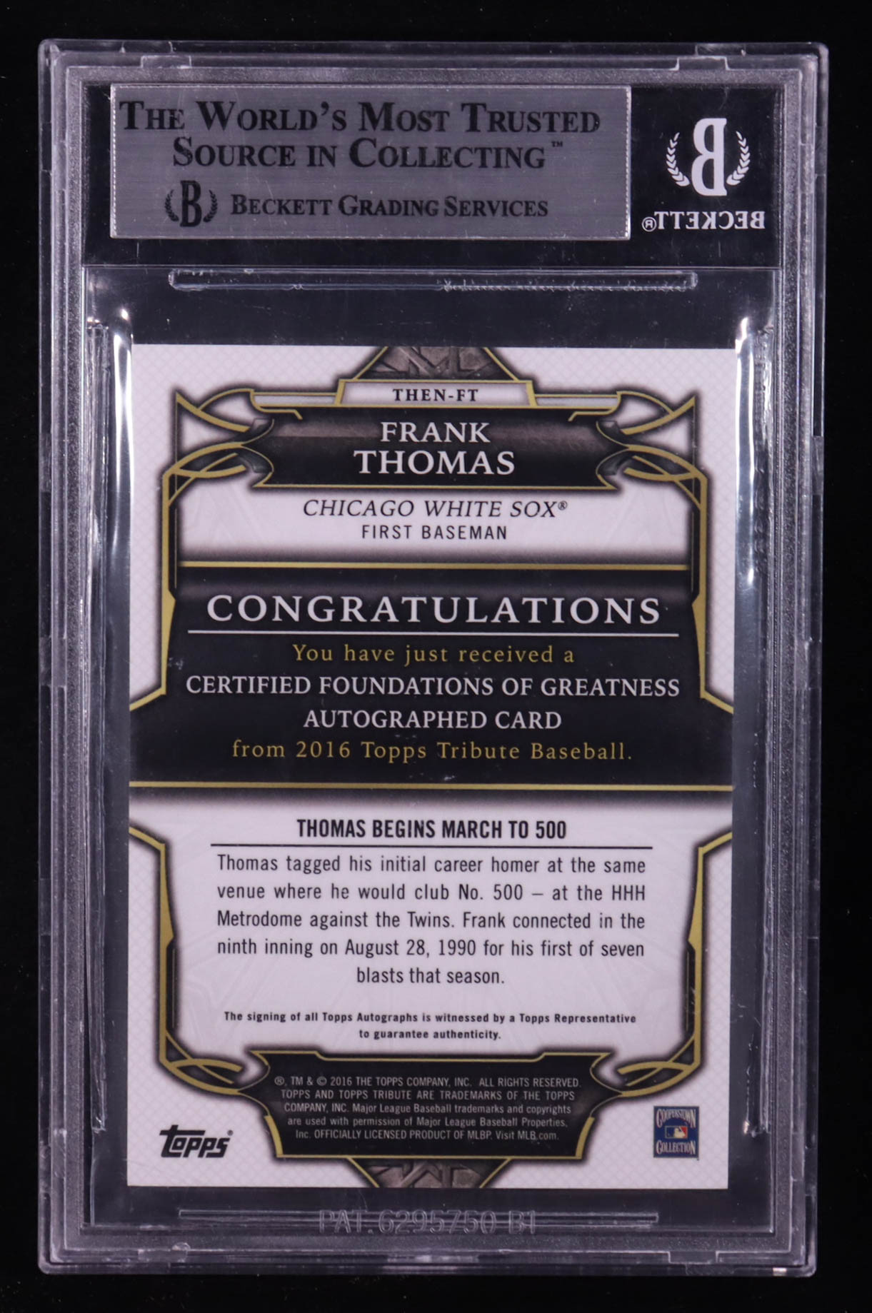 Frank Thomas Signed 2016 Topps Tribute Foundations of Greatness Autographs Purple #THENFT #16/50 (BGS Encapsulated) at PristineAuction.com Frank Thomas Signed 2016 Topps Tribute Foundations of Greatness Autographs Purple #THENFT #16/50 (BGS Encapsulated) at PristineAuction.com