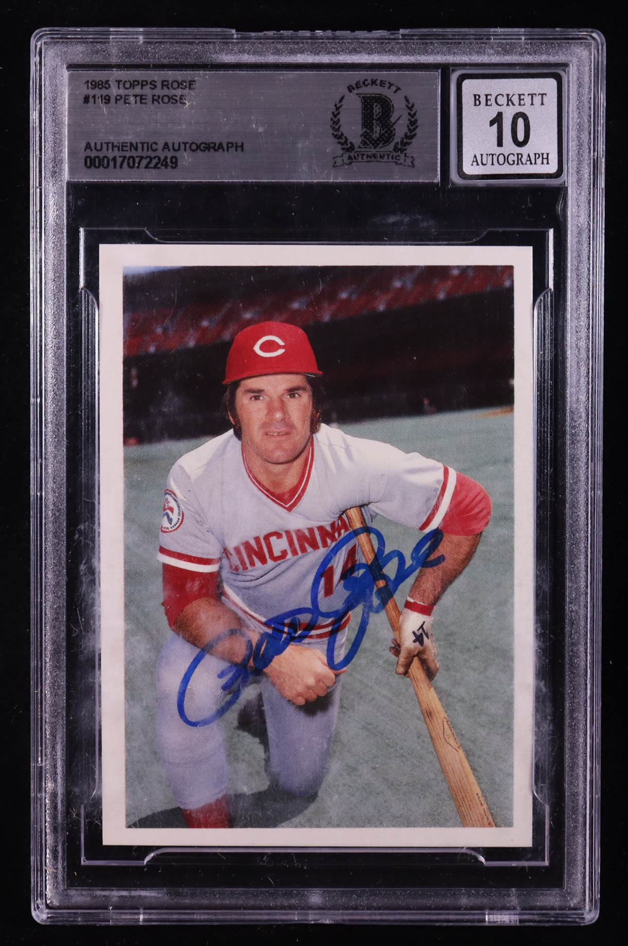 Pete Rose Signed 1985 Topps Rose #119 (BGS Encapsulated) at PristineAuction.com Pete Rose Signed 1985 Topps Rose #119 (BGS Encapsulated) at PristineAuction.com