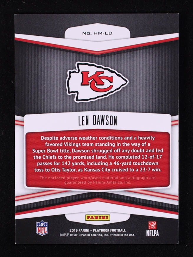 Len Dawson 2019 Panini Playbook Hail Mary Material Signatures #6 #46/75 at PristineAuction.com Len Dawson 2019 Panini Playbook Hail Mary Material Signatures #6 #46/75 at PristineAuction.com